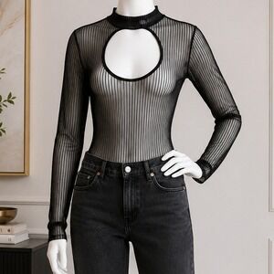 Commense Womens Bodysuit Black Sheer Mesh Front Cutout Ribbed Long Sleeve M